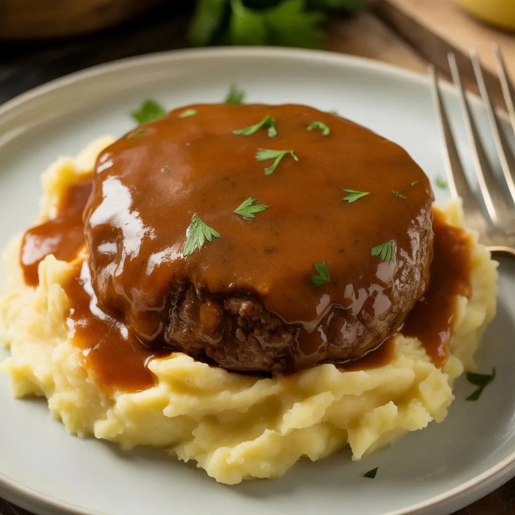 Slow cooker Salisbury steak with garlic herb gravy over mashed potatoes