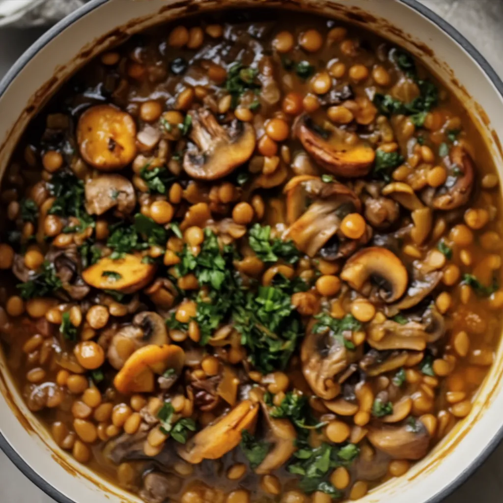 Finished Mediterranean lentil stew with spinach and lemon