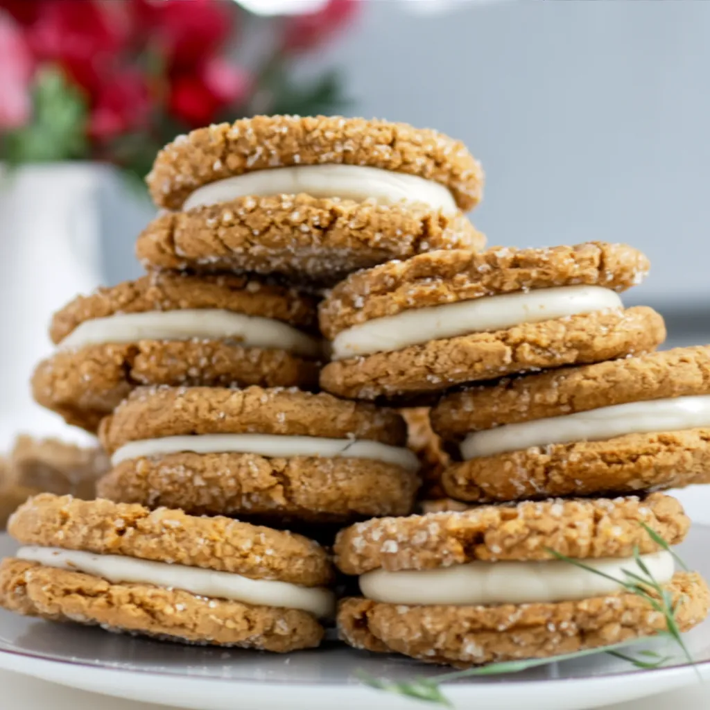 Gingerbread sandwich cookies with cream filling on festive table