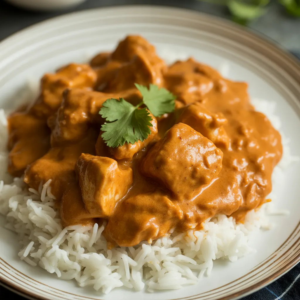 Crockpot Butter Chicken served warm with rice and naan.