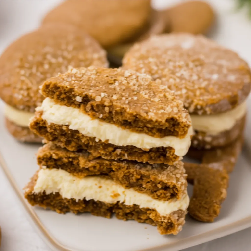 Gingerbread Sandwich Cookies with Cream Filling 28 Piping cream filling onto gingerbread cookies