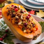 quinoa stuffed butternut squash with cranberries and kale