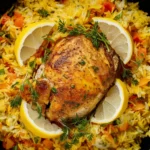 slow cooker lemon herb chicken and rice in rustic kitchen