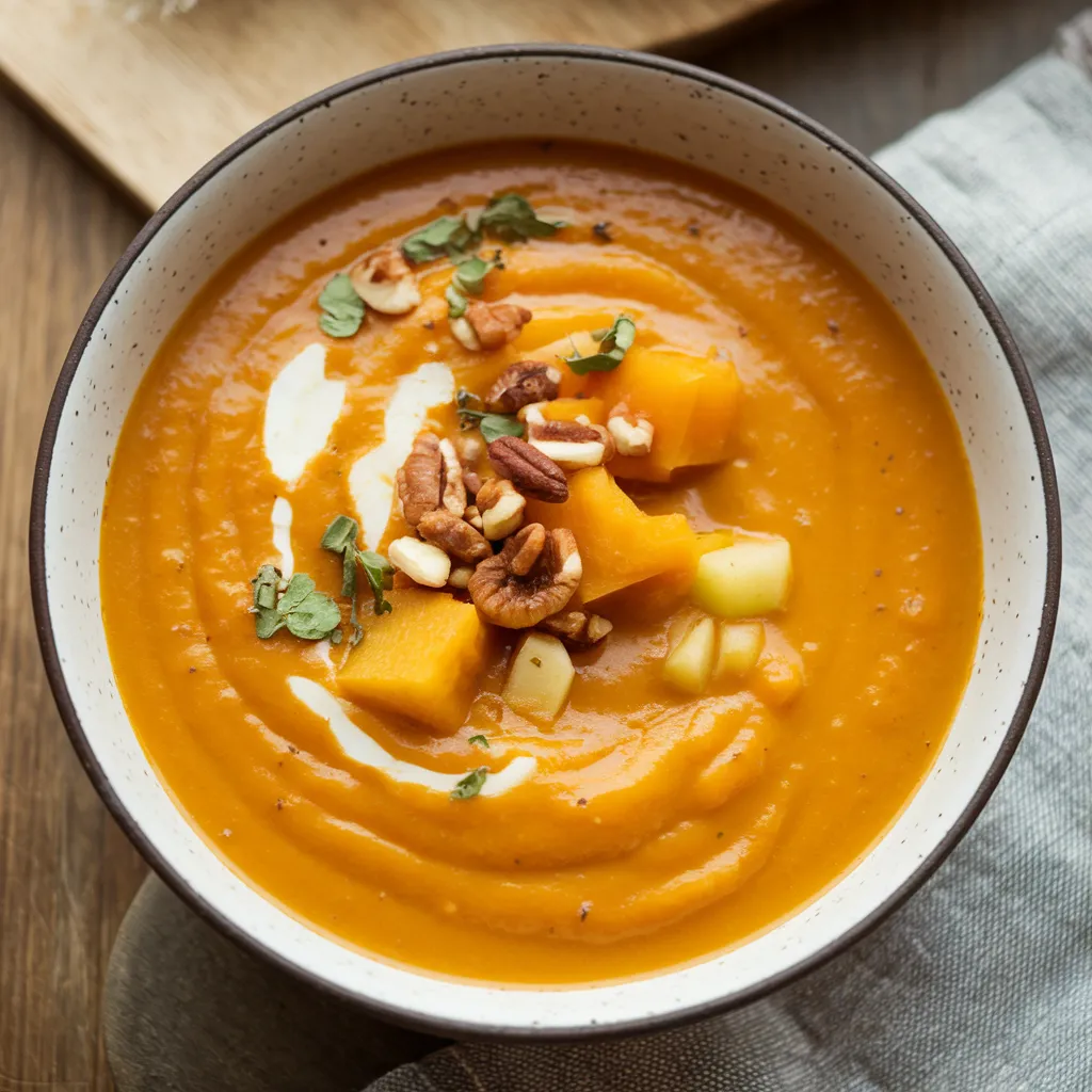 Butternut squash apple soup in rustic bowl