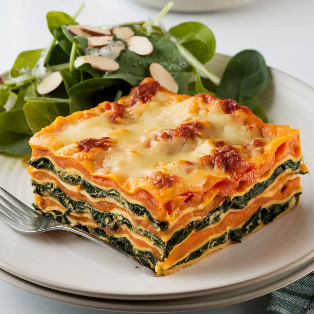 Spinach ricotta butternut squash lasagna baked in dish