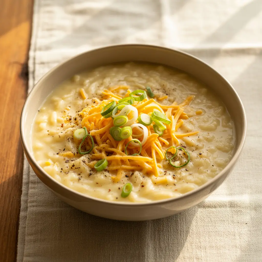 Cheddar potato beer soup with chives and pretzel