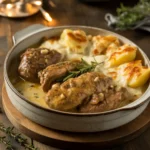 garlic parmesan crockpot chicken and potatoes in rustic kitchen