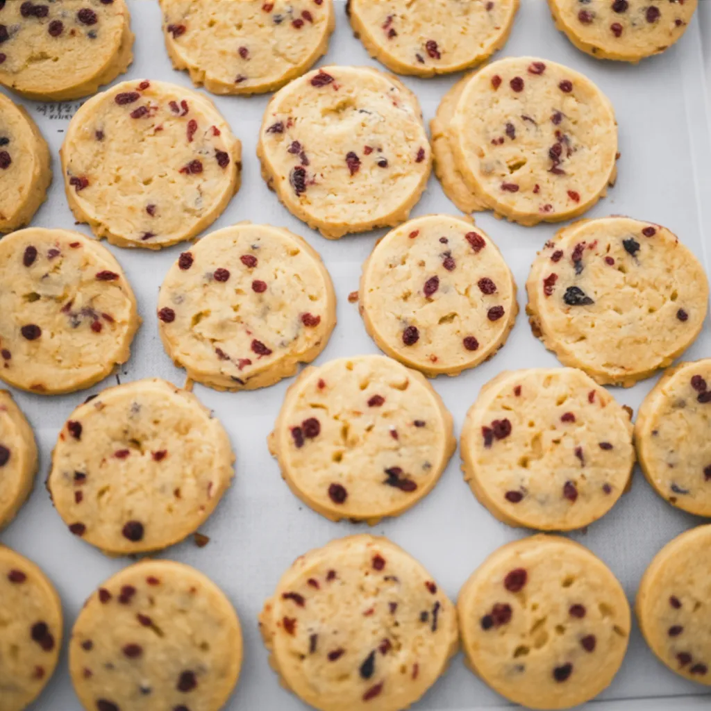 Cranberry Orange Shortbread Cookies on table with cranberries and oranges