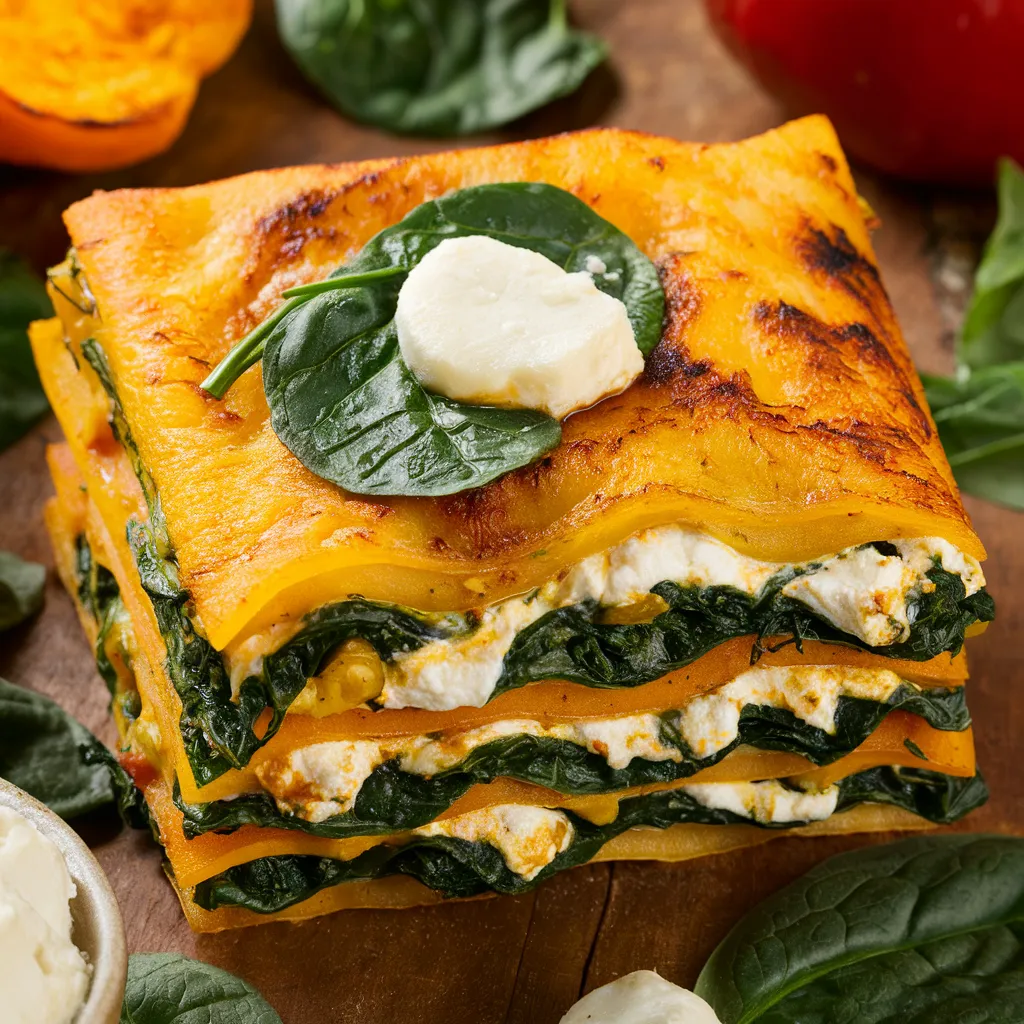 Butternut squash zucchini lasagna baked in rustic dish