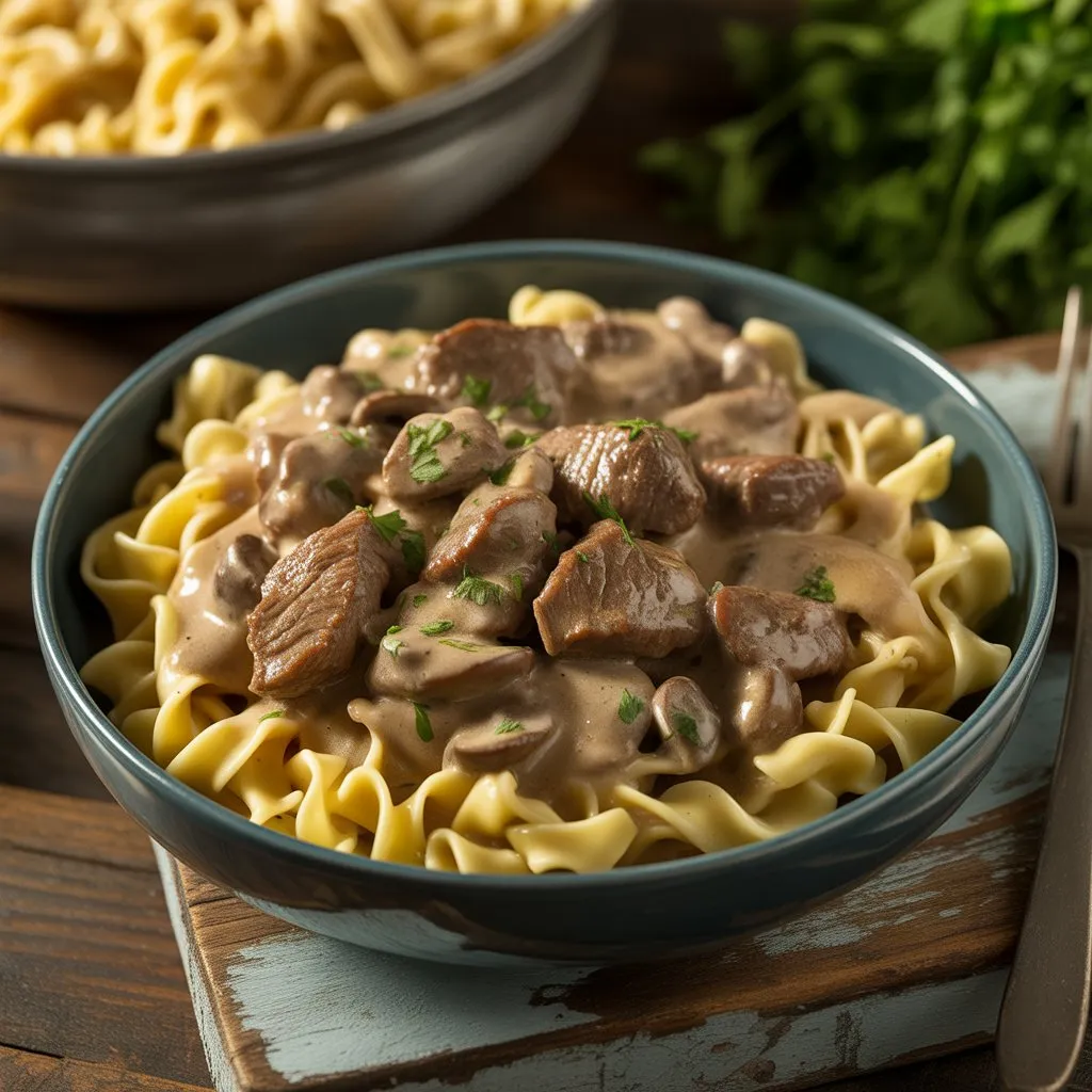 Bowl of Crockpot Beef Stroganoff with creamy sauce and parsley