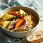 Crockpot Veggie-Packed Chicken Stew in rustic bowl