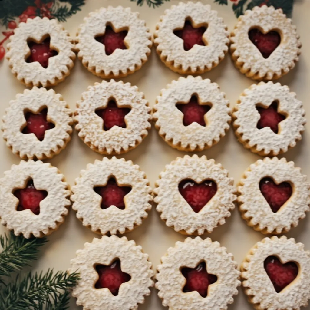 Linzer cookies with raspberry jam and powdered sugar