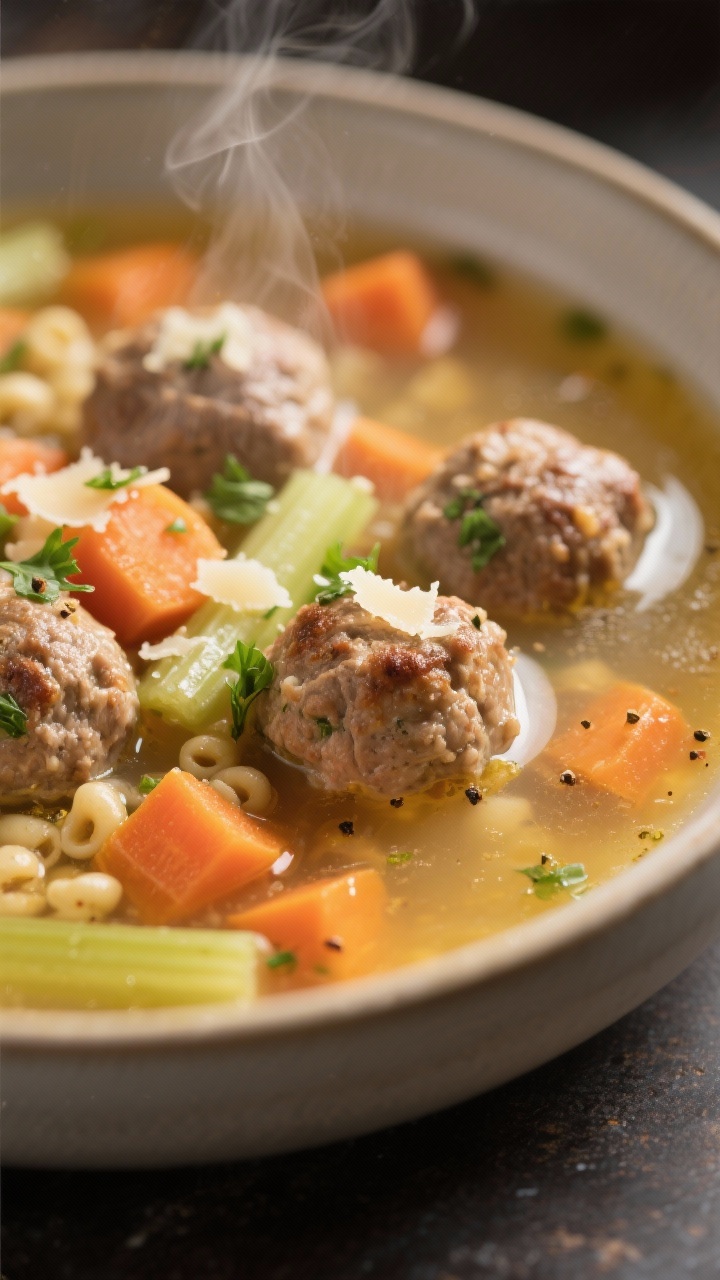 Crockpot Italian Wedding Soup - A Comforting, Make-Ahead Favorite 39 Close-up detail: Bite-size Italian wedding soup meatballs just finished simmering in clear golden ch