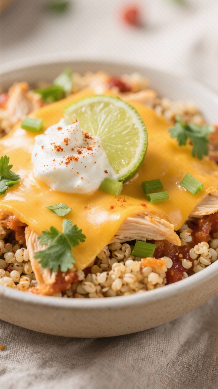 Crockpot Chicken Enchilada Quinoa - A Cozy, Hands-Off Weeknight Favorite 34 Close-up detail, cheese melt and texture: Macro, shallow depth-of-field shot of the finished Crockpo