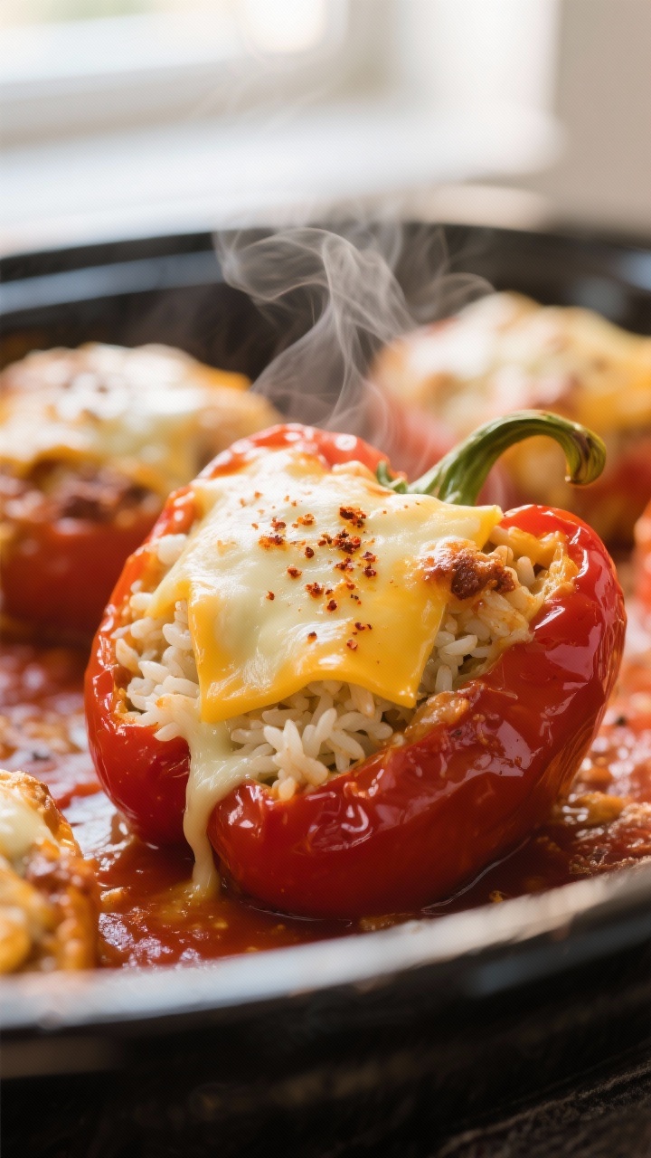 Close-up detail: Melted mozzarella and cheddar blanketing slow cooker stuffed peppers in their final