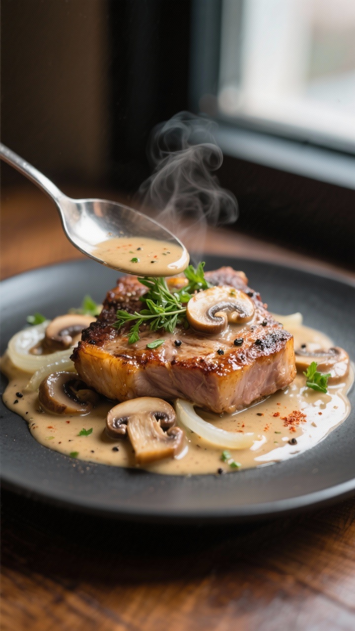 Close-up detail shot: Spoon-tender pork chop nestled in a glossy, creamy mushroom-thyme sauce, seare