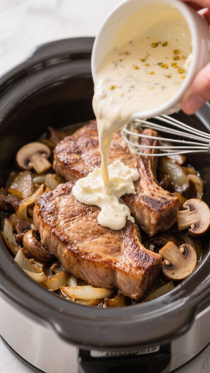 Cooking process beauty shot: Seared pork chops arranged over a bed of cooked-down mushrooms and onio