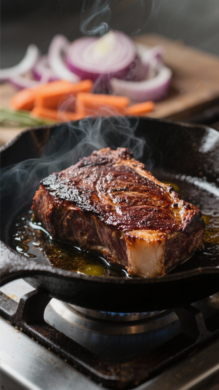 Slow Cooker Honey Balsamic Pot Roast - Tender, Tangy, and Comforting 36 Cooking process close-up: Searing a well-browned chuck roast in a cast-iron skillet, deep mahogany c