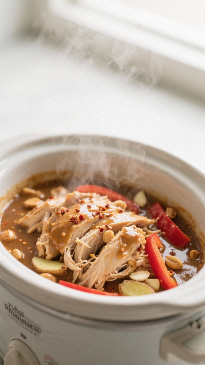 Slow Cooker Thai Peanut Chicken - Easy, Comforting, and Full of Flavor 31 Cooking process close-up: Slow Cooker Thai Peanut Chicken mid-cook in a ceramic slow cooker, tender