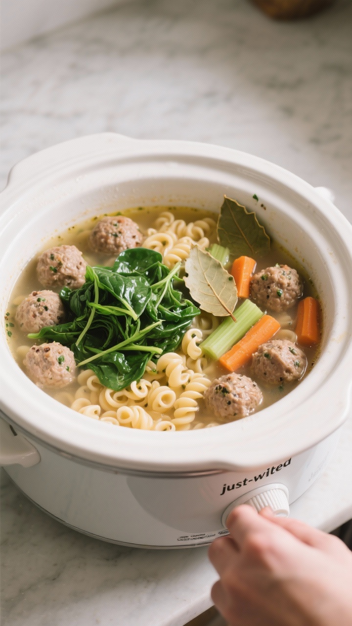 Crockpot Italian Wedding Soup - A Comforting, Make-Ahead Favorite 40 Cooking process: Overhead shot of a crockpot mid-cook showing the soup just after pasta has been add