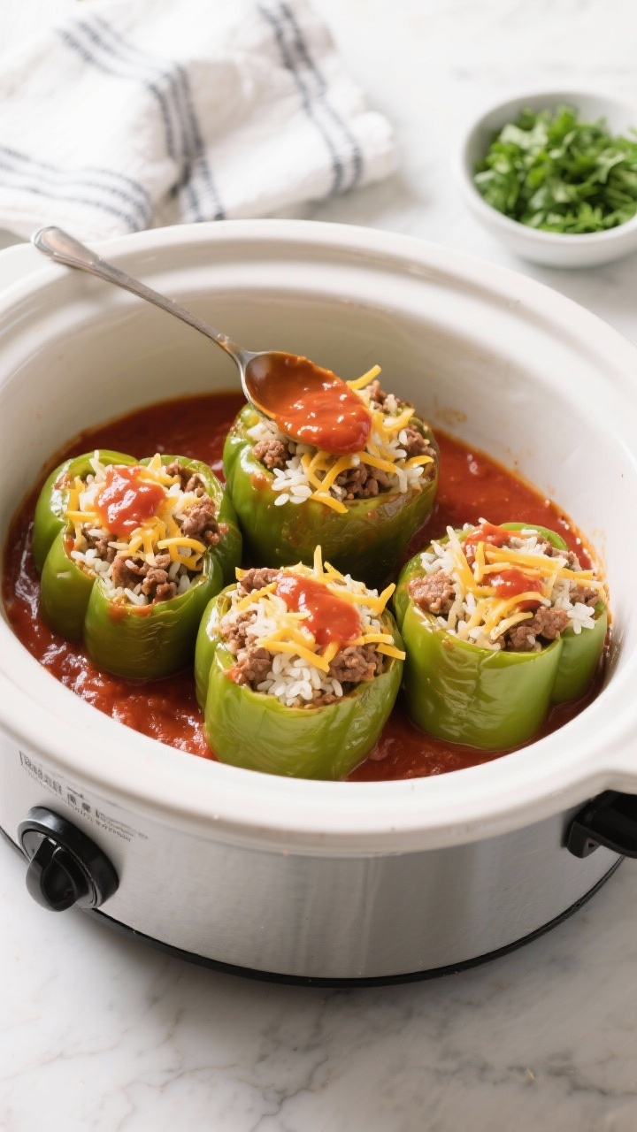 Cooking process: Overhead shot of stuffed peppers nestled snugly in a slow cooker, fully cooked and 
