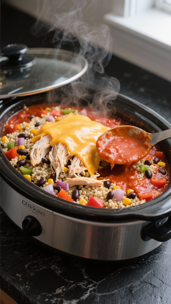 Crockpot Chicken Enchilada Quinoa - A Cozy, Hands-Off Weeknight Favorite 33 Cooking process, slow cooker reveal: A steamy, overhead shot of Crockpot Chicken Enchilada Quinoa ju