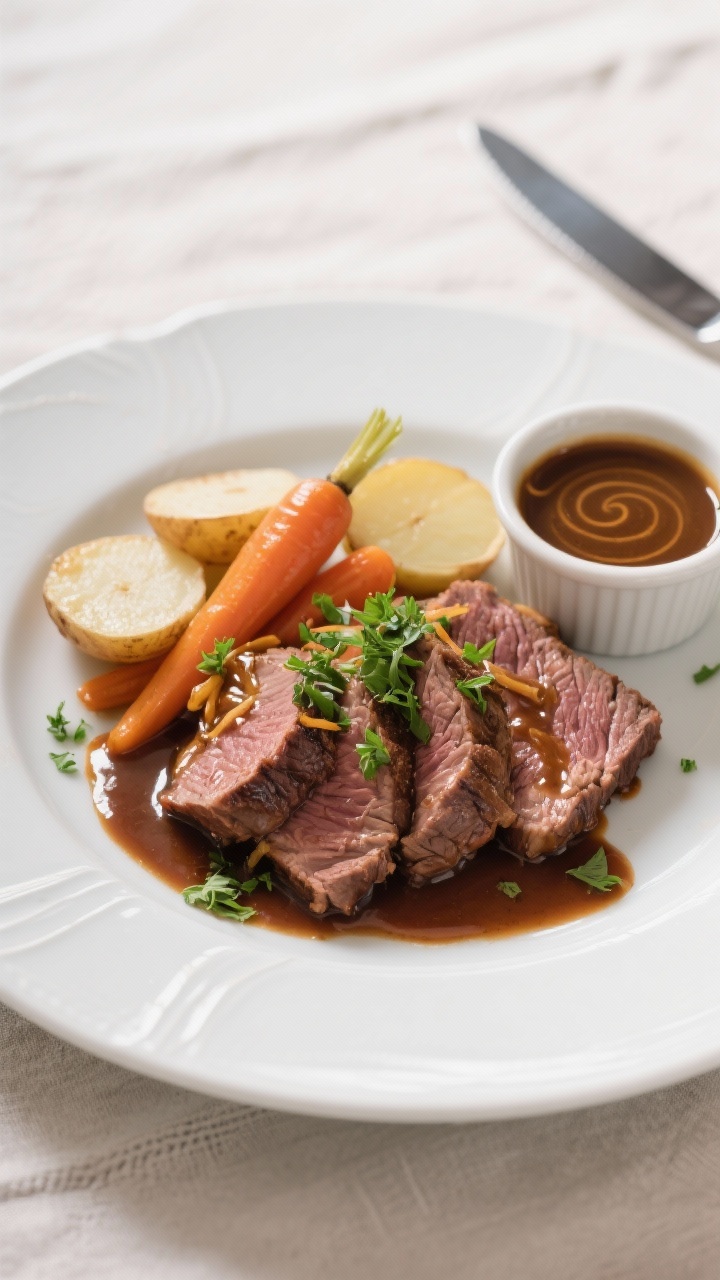 Slow Cooker Honey Balsamic Pot Roast - Tender, Tangy, and Comforting 38 Final plated dish: Beautifully plated honey balsamic pot roast, thick slices and a few shreds arrang