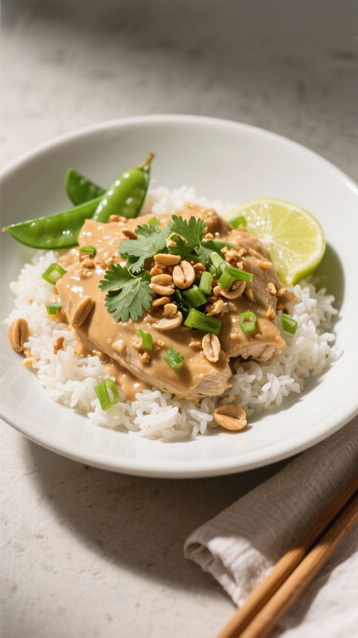 Slow Cooker Thai Peanut Chicken - Easy, Comforting, and Full of Flavor 32 Final plated dish beauty shot: Beautifully plated Slow Cooker Thai Peanut Chicken over fluffy jasmin