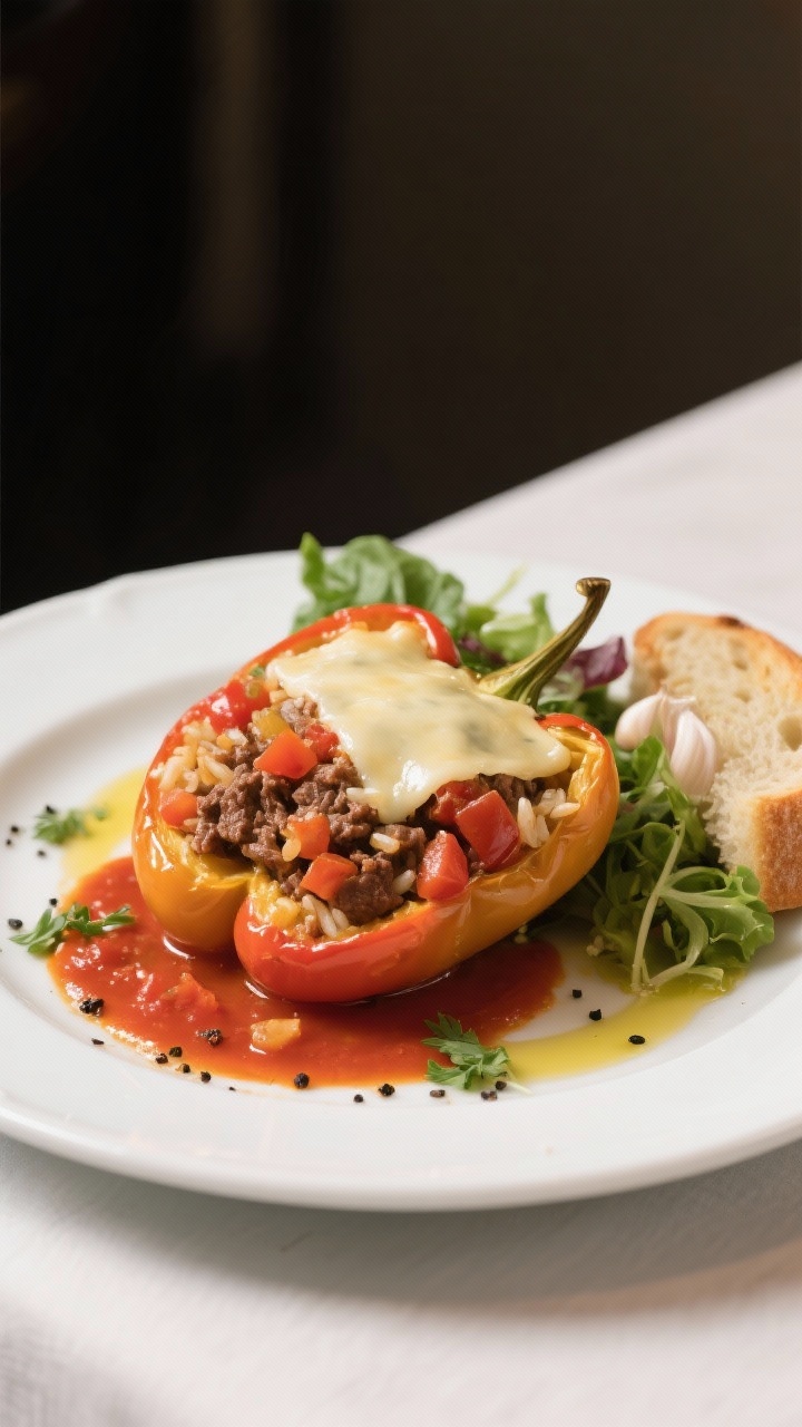 Final plated dish: Restaurant-quality presentation of one halved stuffed pepper on a white ceramic p