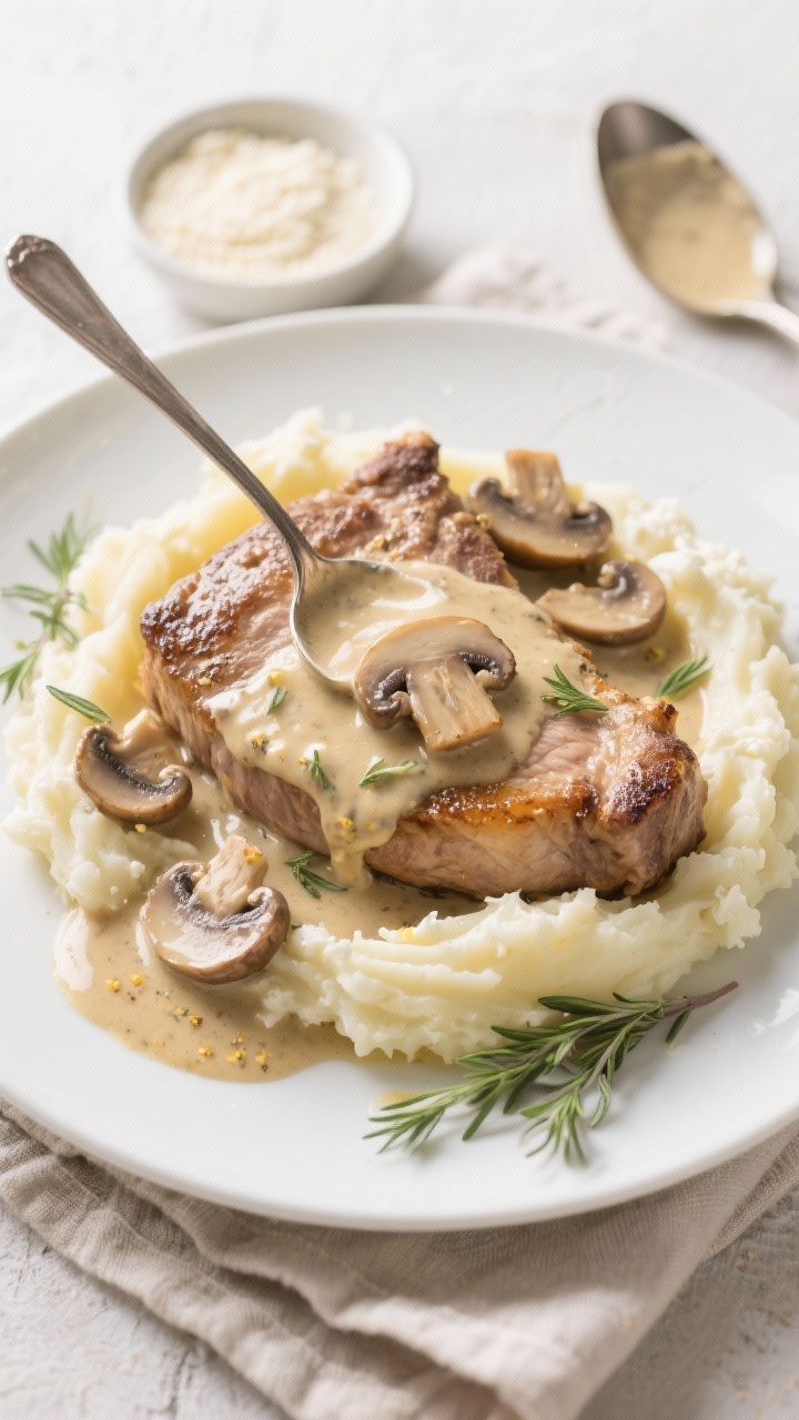 Overhead “tasty top view” shot: Final plated Crockpot Creamy Mushroom Pork Chops served with but