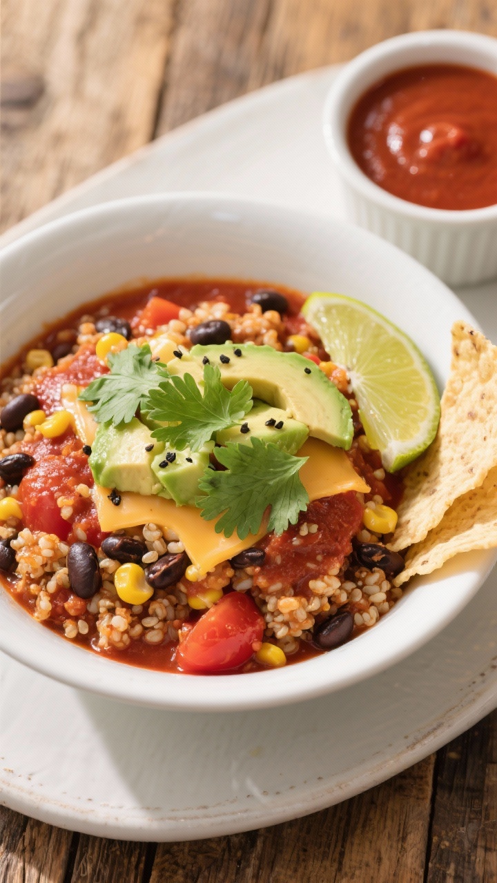 Crockpot Chicken Enchilada Quinoa - A Cozy, Hands-Off Weeknight Favorite 35 Tasty top-down final presentation: Overhead, restaurant-quality plating of a generous bowl of Crockp