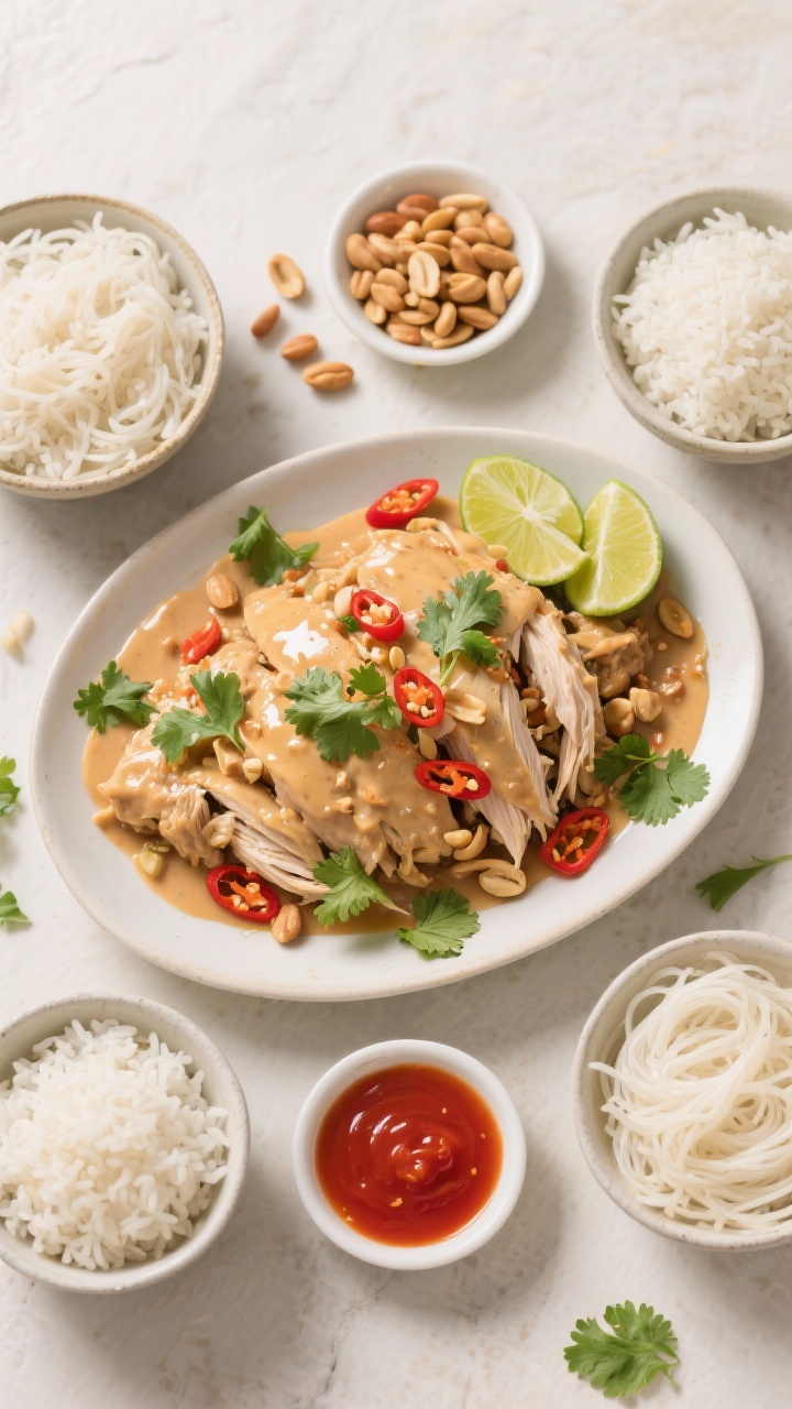 Slow Cooker Thai Peanut Chicken - Easy, Comforting, and Full of Flavor 33 Tasty top-down spread: Overhead shot of a family-style servingโshallow platter of Thai Peanut Chic