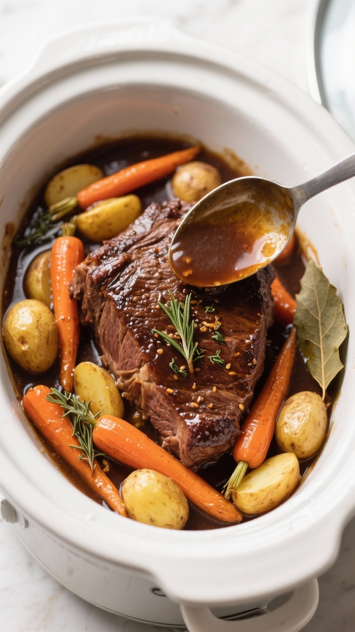 Slow Cooker Honey Balsamic Pot Roast - Tender, Tangy, and Comforting 37 Tasty top view: Overhead shot of the slow cooker just after finishing, showing the fork-tender roast