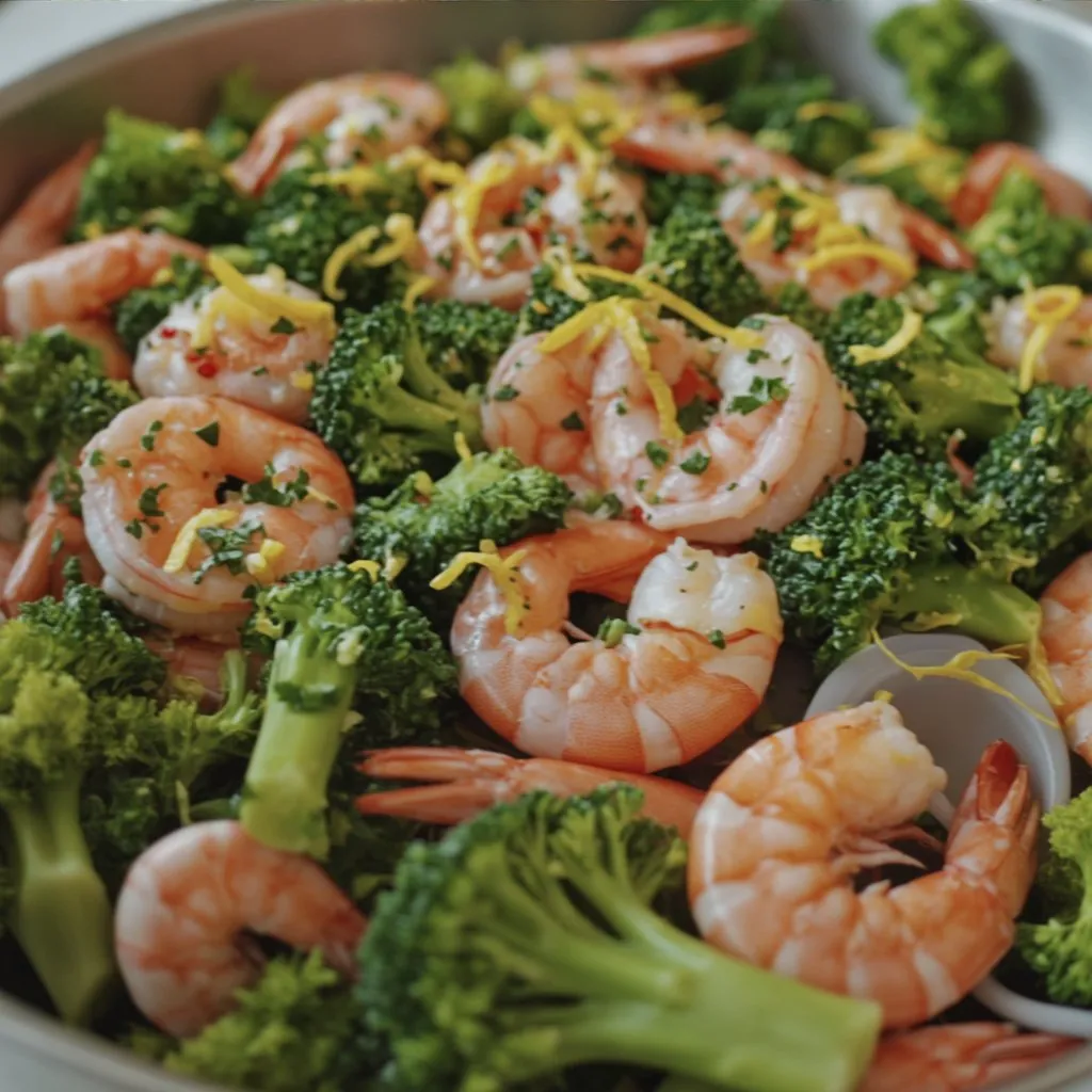Cooked lemon garlic shrimp and broccoli ready to serve