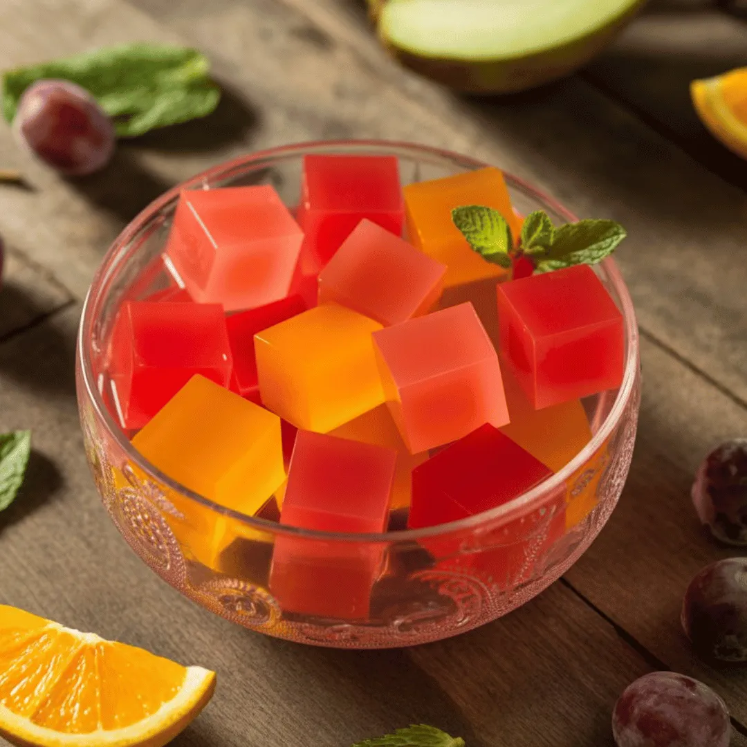 Bariatric gelatin recipe for weight loss in glass bowl with fruit.