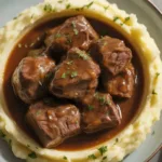 Crock pot garlic butter steak bites served in a bowl with herbs and spices