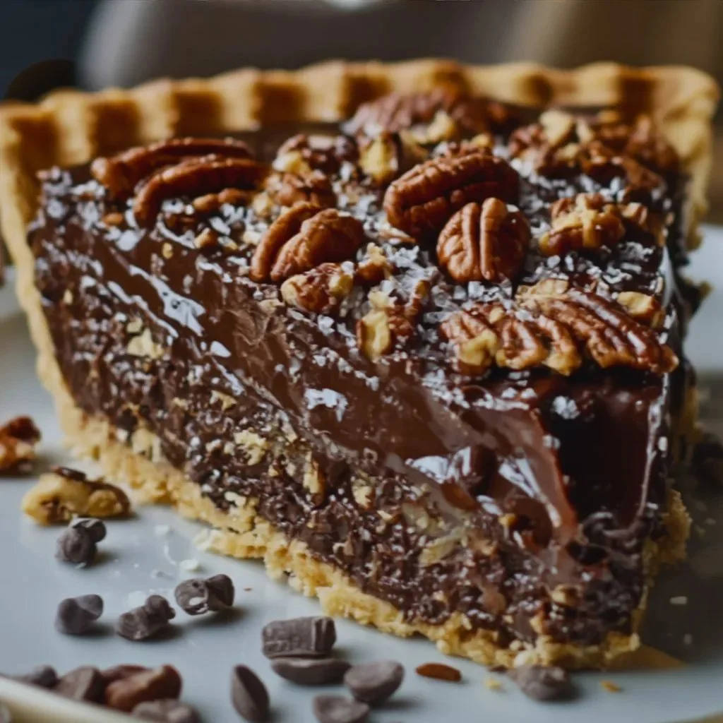 Delicious Bourbon Chocolate Pecan Pie with rich chocolate and crunchy pecans.