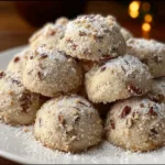 Buttery pecan snowball cookies on a white plate dusted with powdered sugar.