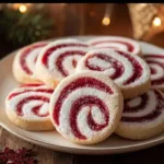 Plate of colorful Christmas Pinwheel Cookies with red and green swirls