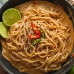 Bowl of Coconut Curry Chicken Noodles garnished with herbs and chili