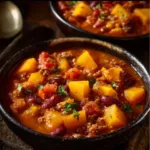 A bowl of cozy butternut squash chili topped with fresh herbs