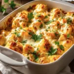 Creamy Buffalo Chicken Casserole with cauliflower in a baking dish