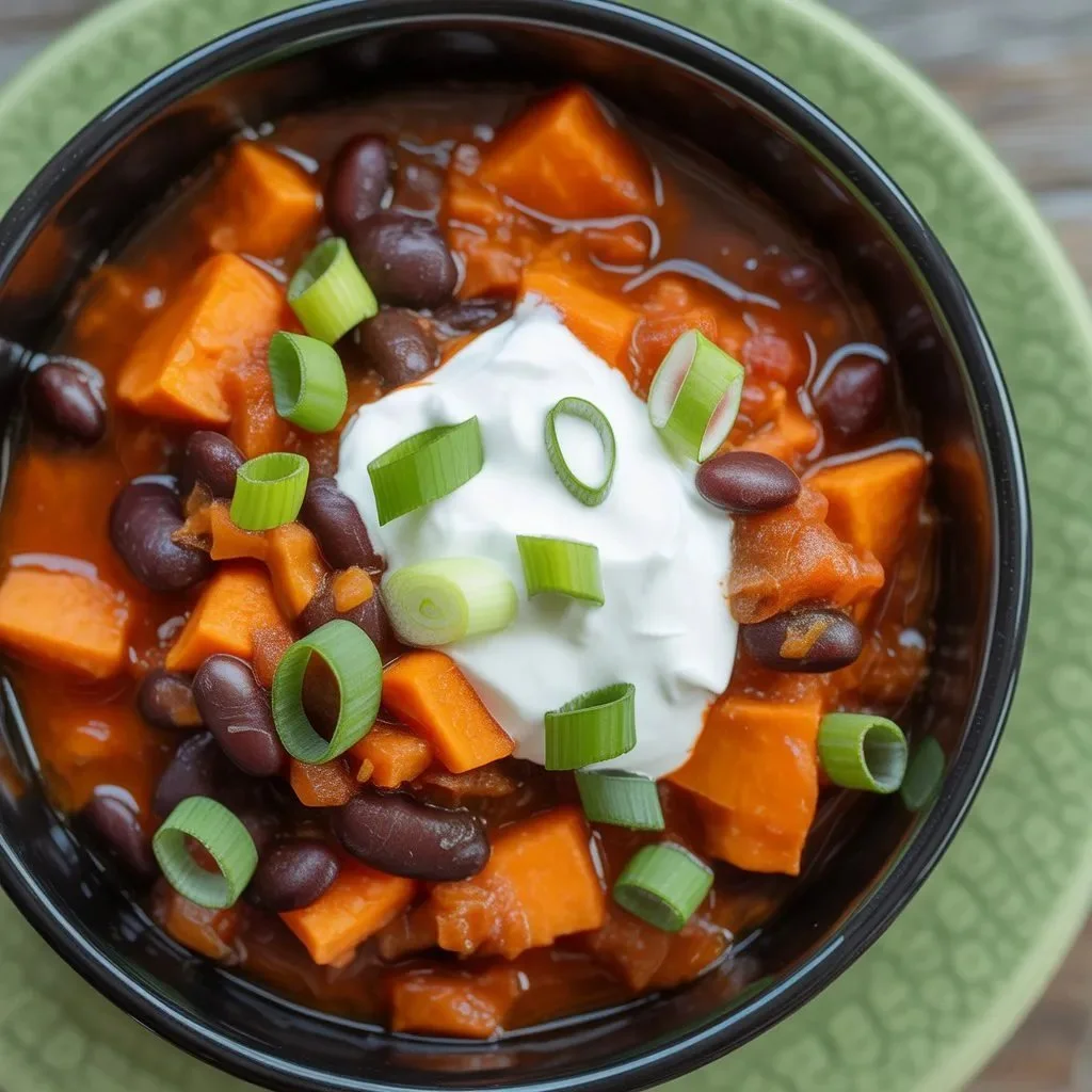 Crock Pot sweet potato black bean chili served in a bowl with toppings