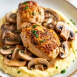 Crockpot Chicken Marsala with mushrooms and herbs served on a plate