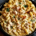 Crockpot Garlic Parmesan Chicken Pasta served in a bowl