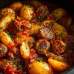 Crockpot Sausage Casserole served in a bowl with fresh herbs on top