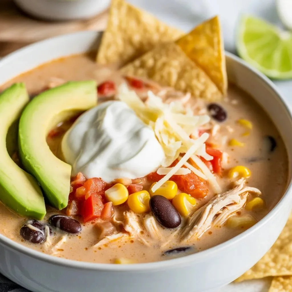 Bowl of Crockpot White Chicken Chili with toppings