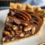 Delicious deep dish pecan pie served for the holidays.