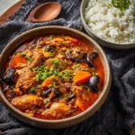 Bowl of savory slow cooker Korean chicken stew garnished with fresh herbs.