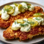 Dill Pickle Parmesan Chicken served on a plate with herbs and spices